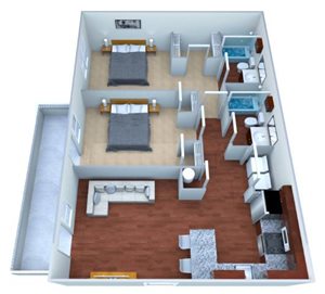 A 3D floor plan of a house with a kitchen, living room, and two bedrooms.